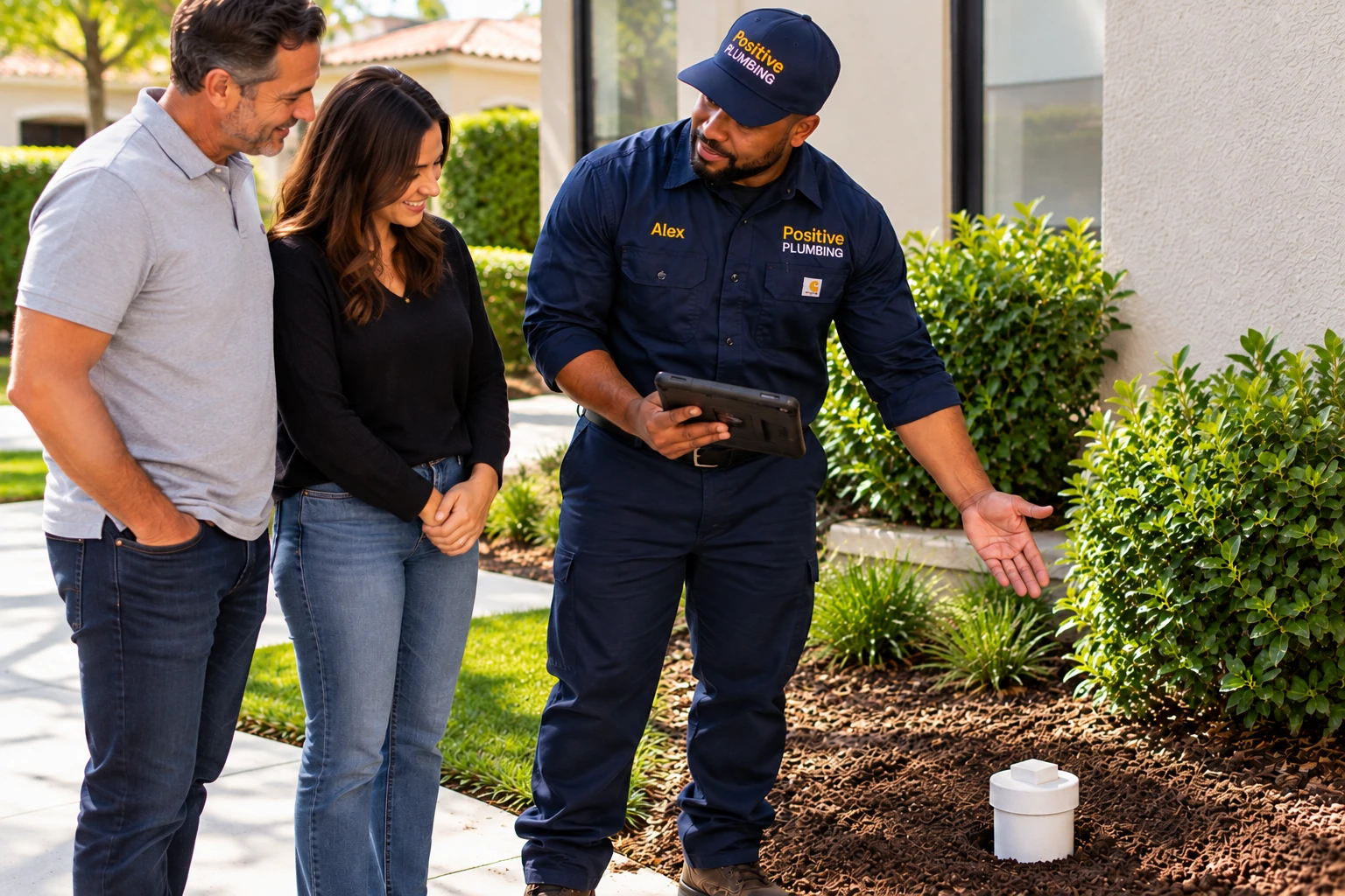 Alex showing two homeowners the completed sewer line repair and restored sewer cleanout in University Park, Irvine, CA.