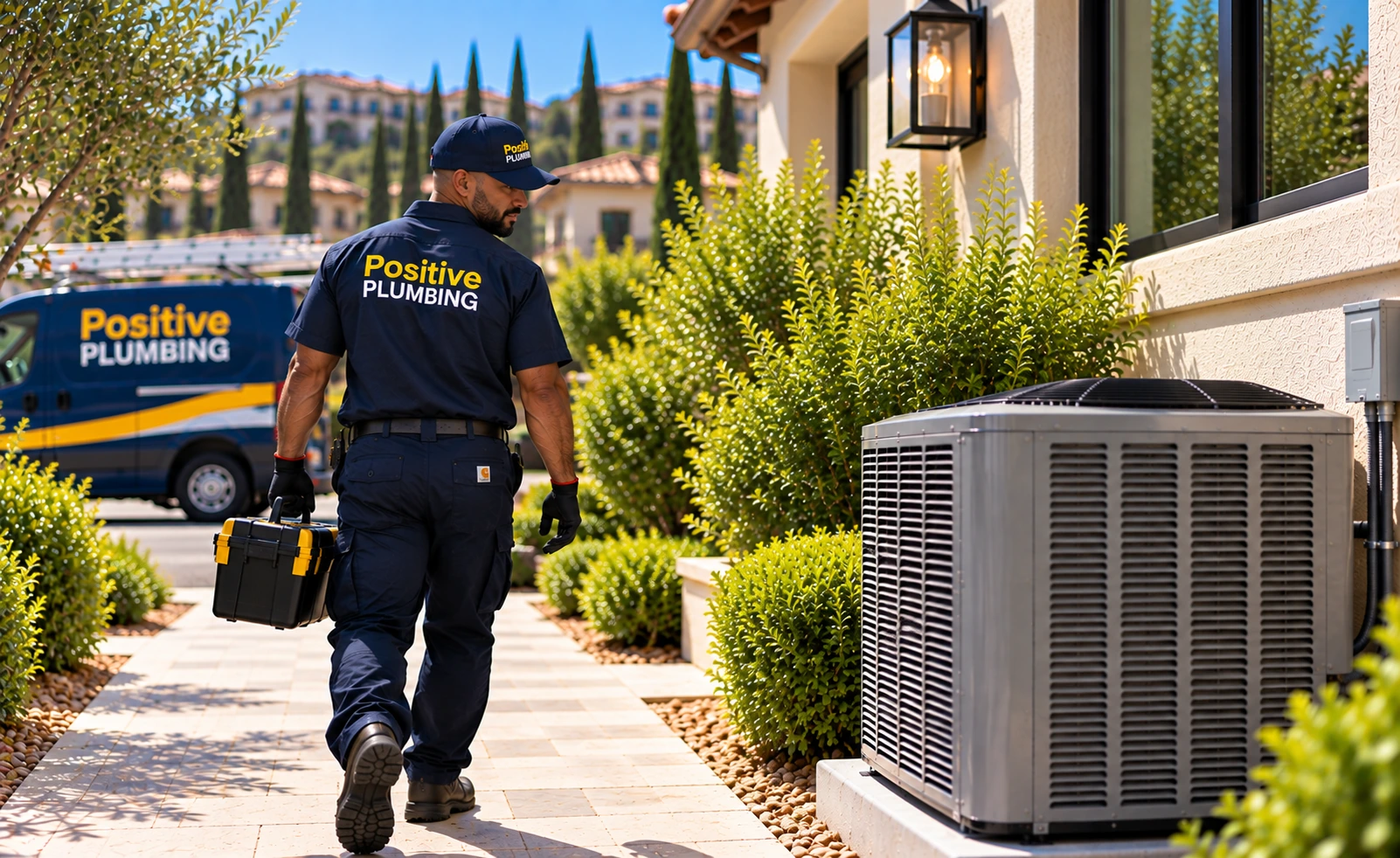 Alex walking away with his tools after completing an air conditioning replacement at a home in Stonegate, Irvine, CA