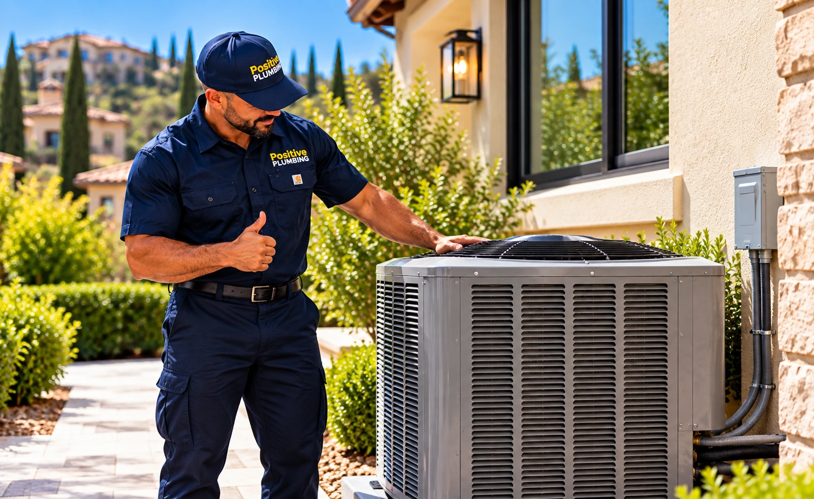 Alex standing beside the newly installed air conditioning unit after completing an AC replacement in Stonegate, Irvine, CA.
