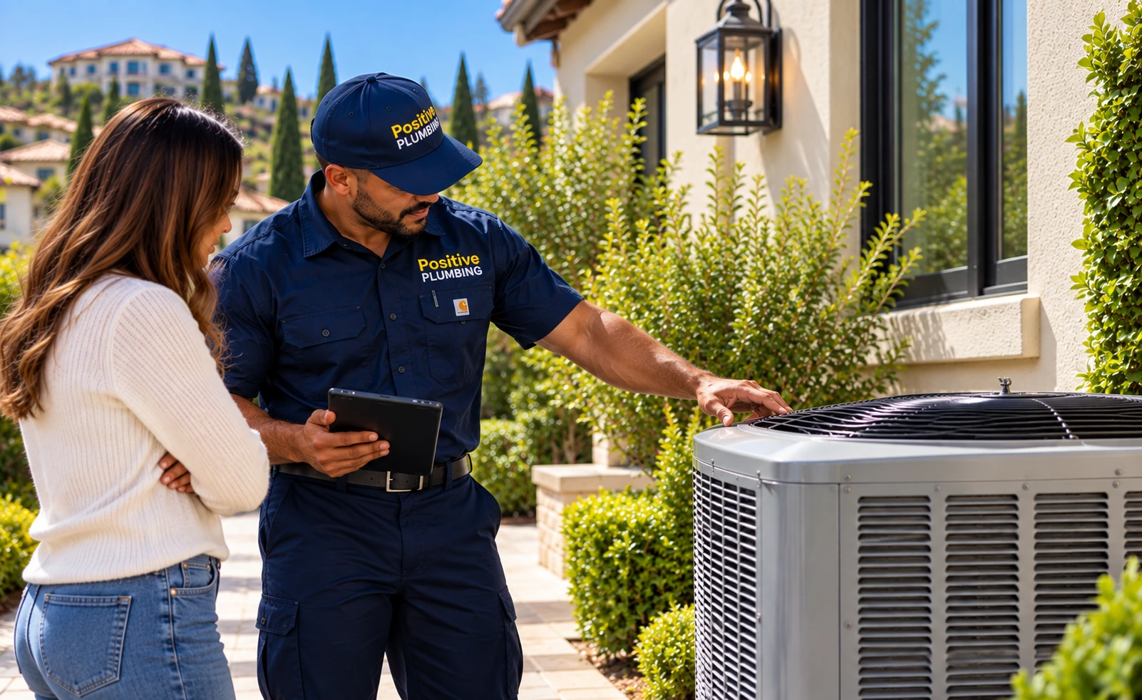 Alex evaluating an outdoor air conditioning unit with a homeowner before an AC replacement in Stonegate, Irvine, CA.