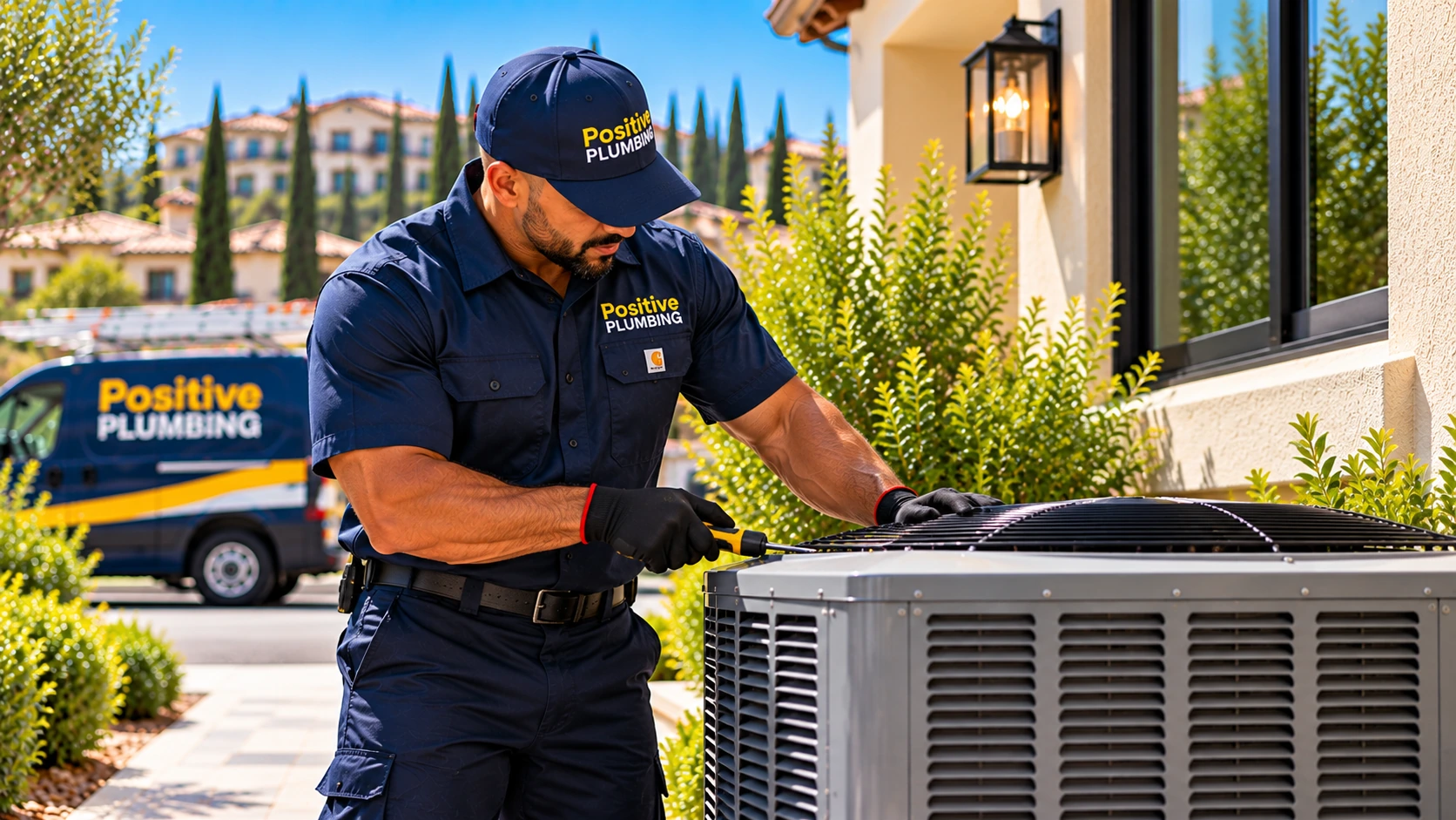 Alex completing an air conditioning replacement on an outdoor AC unit at a home in Stonegate, Irvine, CA.