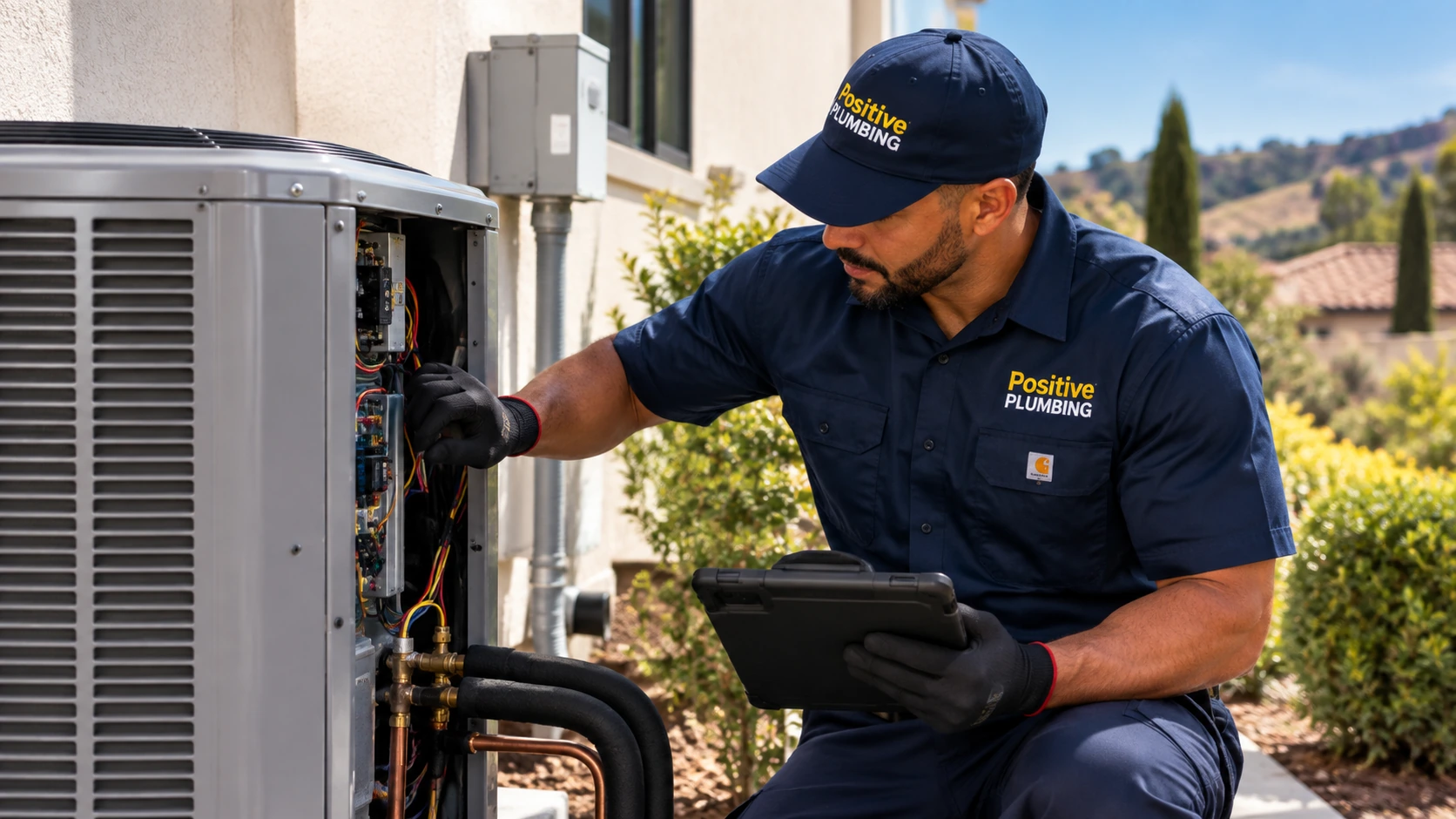 Alex evaluating the existing outdoor AC system and its components before air conditioning replacement in Stonegate, Irvine, CA.