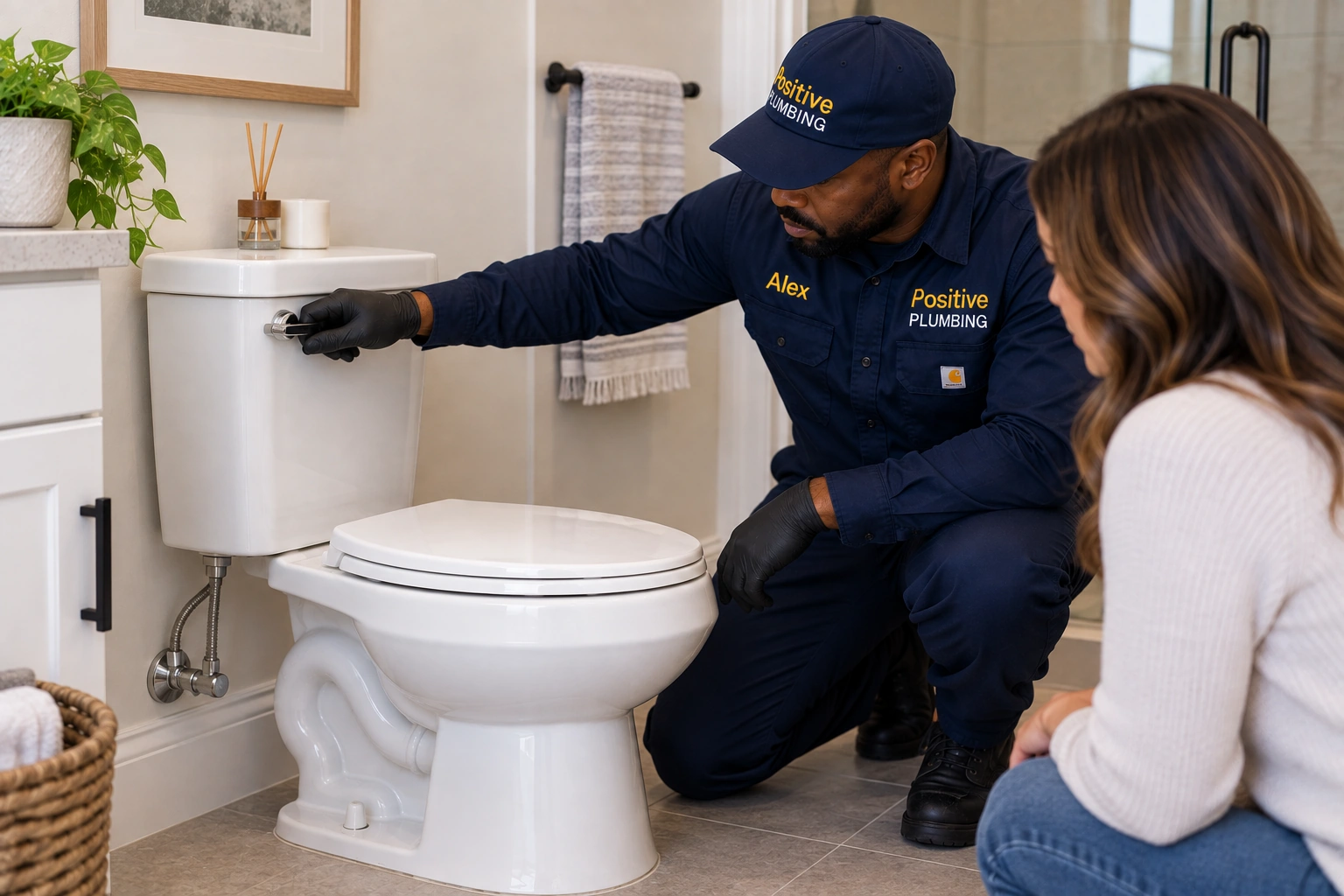 Alex from Positive Plumbing testing a toilet’s operation with a homeowner after plumbing service in Irvine, CA.