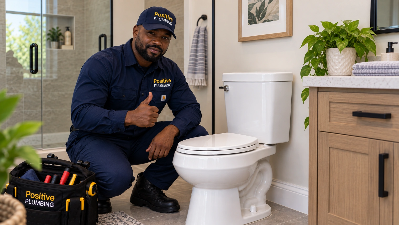 Alex from Positive Plumbing beside the completed toilet repair at a Cypress Village home in Irvine, CA.