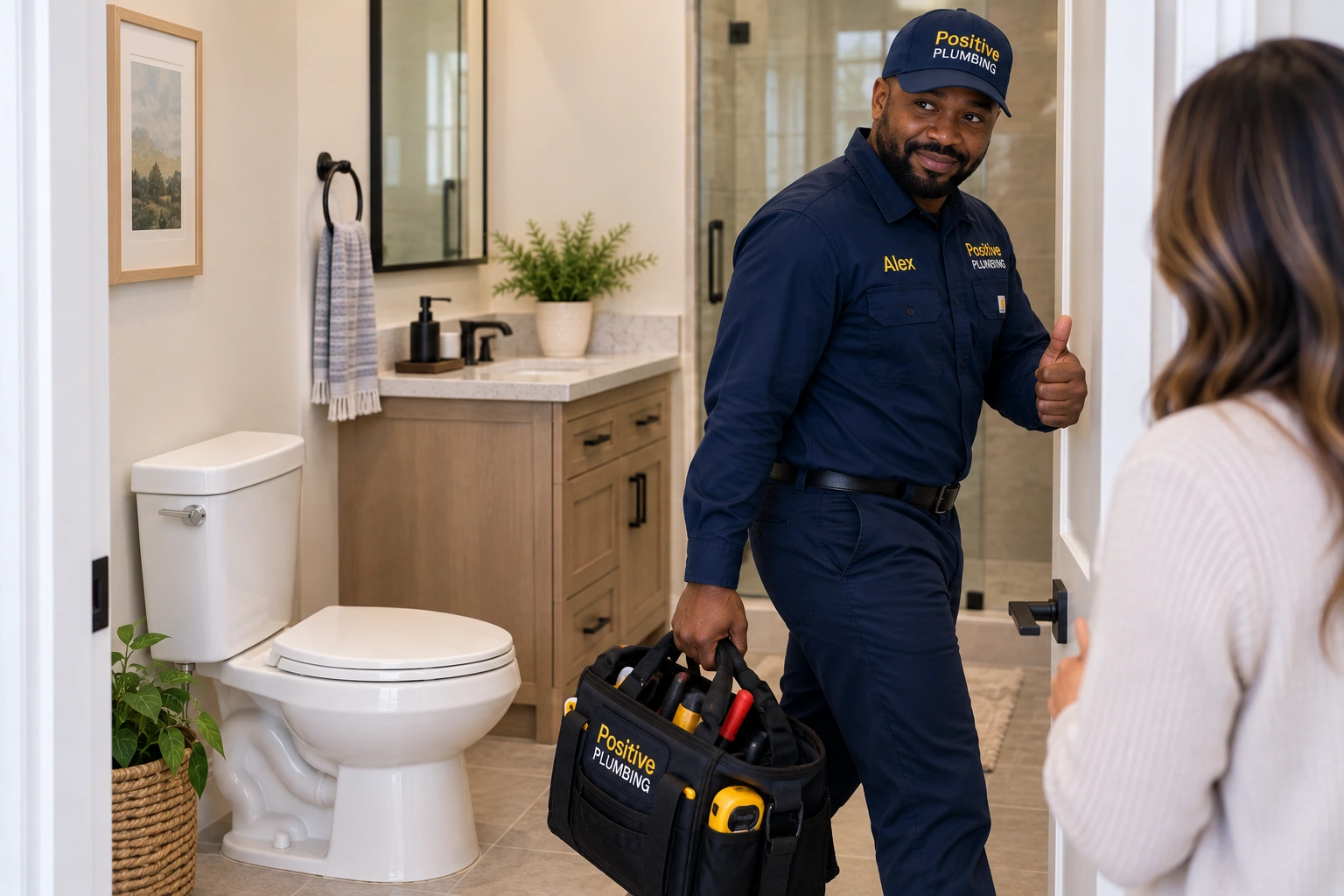 Alex from Positive Plumbing leaving the bathroom with his tools after completing a toilet and plumbing repair at a Cypress Village home in Irvine, CA