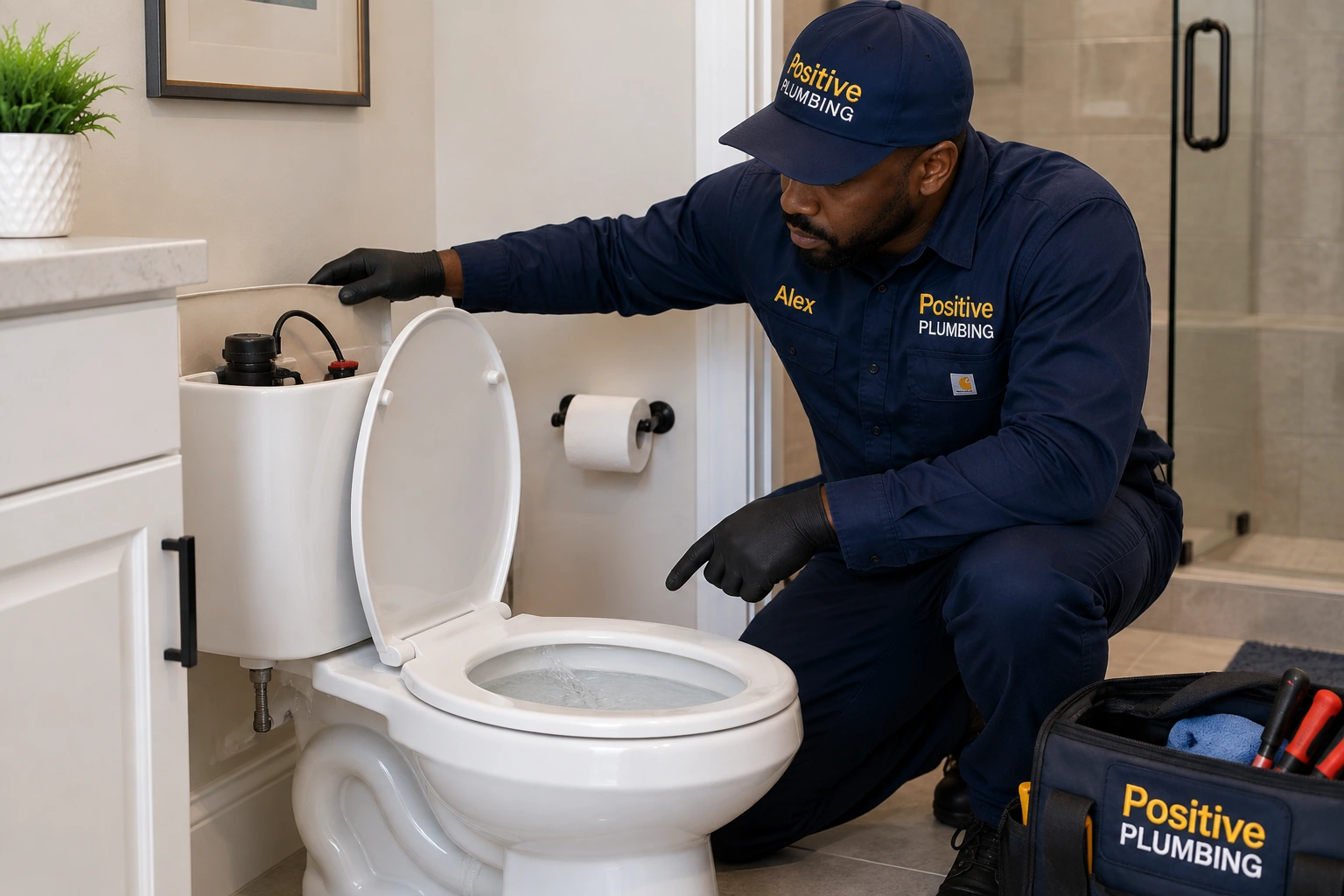 Alex from Positive Plumbing inspecting a malfunctioning toilet with flushing and water-flow problems at a Cypress Village home in Irvine, CA.