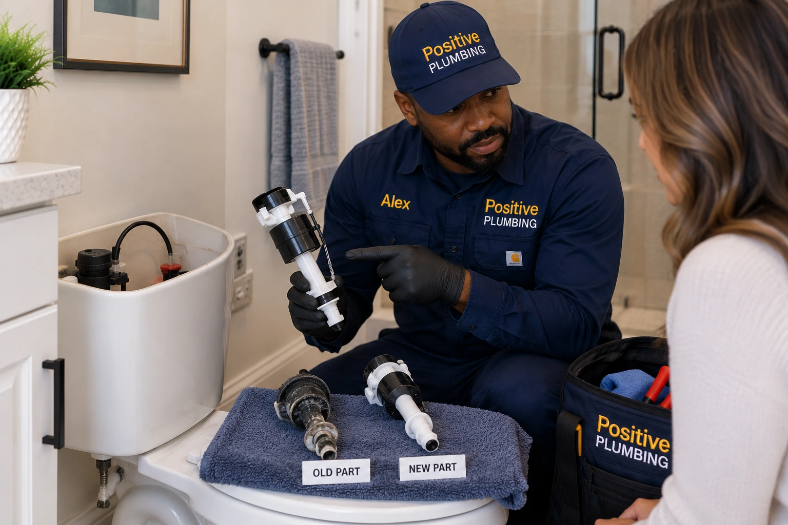 Alex from Positive Plumbing explaining the recommended toilet repair to a Cypress Village homeowner in Irvine, CA.