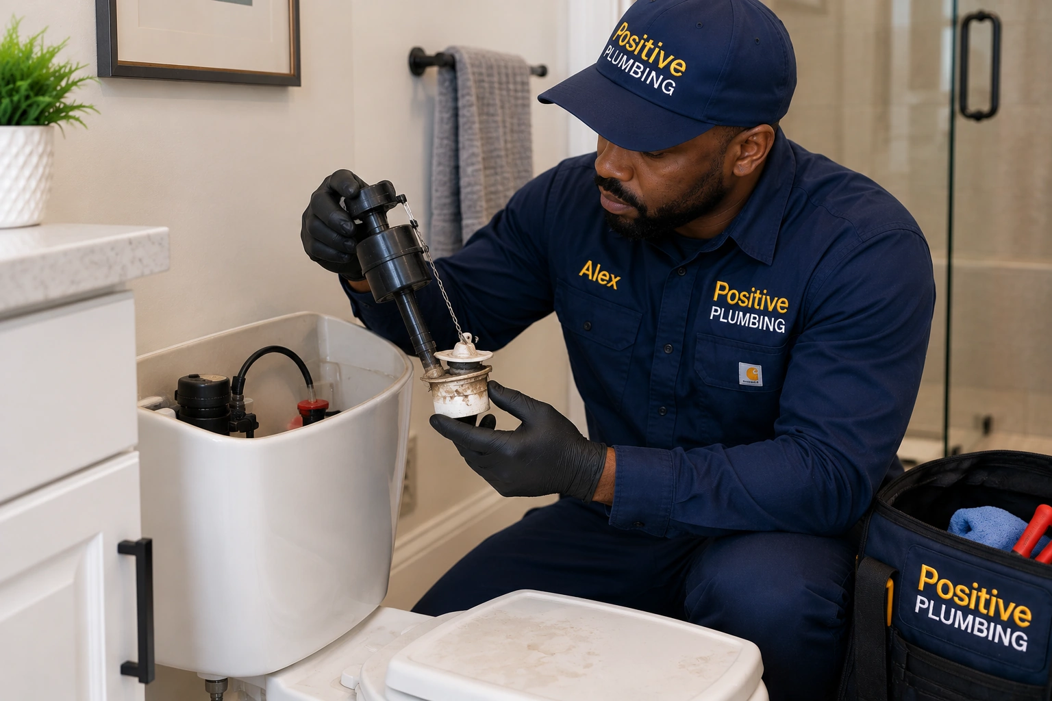 Alex from Positive Plumbing inspecting the toilet tank components during a plumbing repair at a Cypress Village home in Irvine, CA