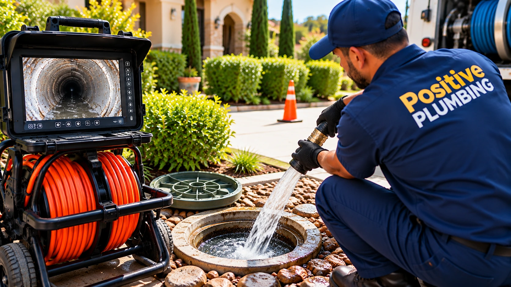 Technician completing sewer and drain cleaning service after a sewer camera inspection in Turtle Rock, Irvine, CA