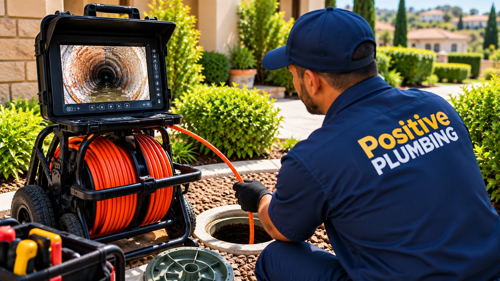 Technician using sewer camera equipment to inspect a drain line during sewer and drain cleaning service in Turtle Rock, Irvine, CA.