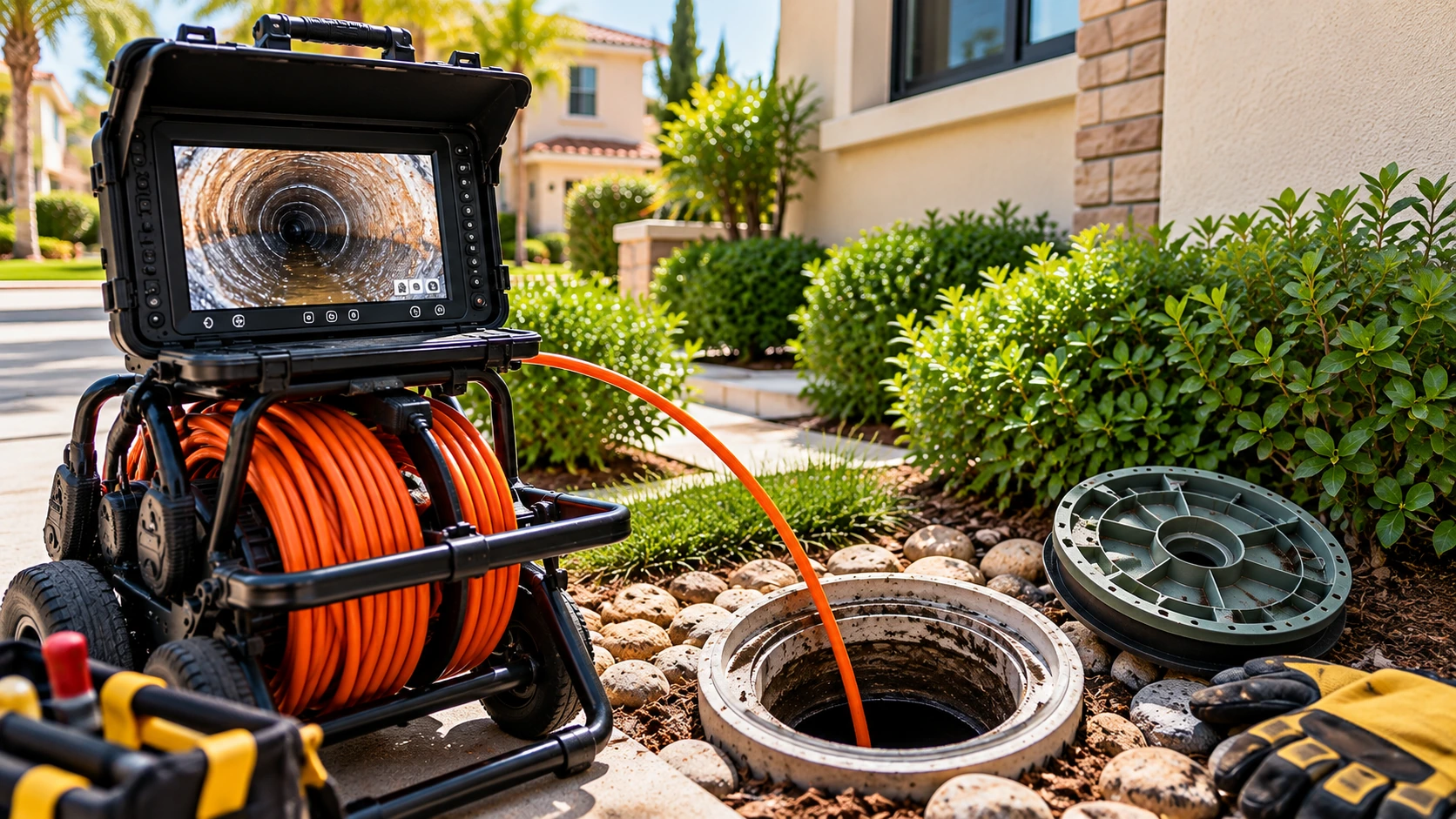 Sewer camera inspection equipment examining a residential drain line during sewer and drain service in Turtle Rock, Irvine, CA