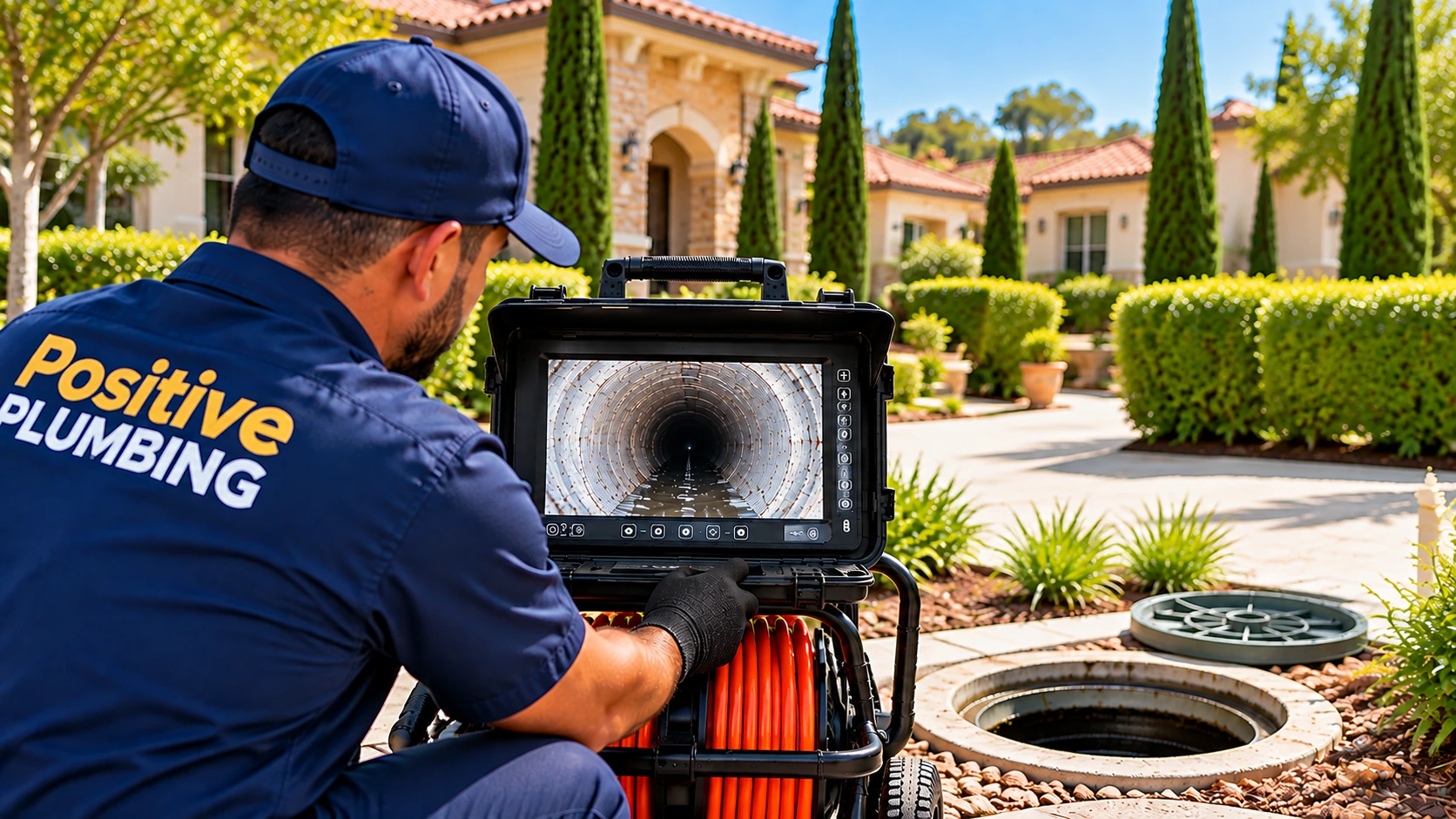 Technician performing a sewer camera inspection of a residential drain line in Turtle Rock, Irvine, CA.