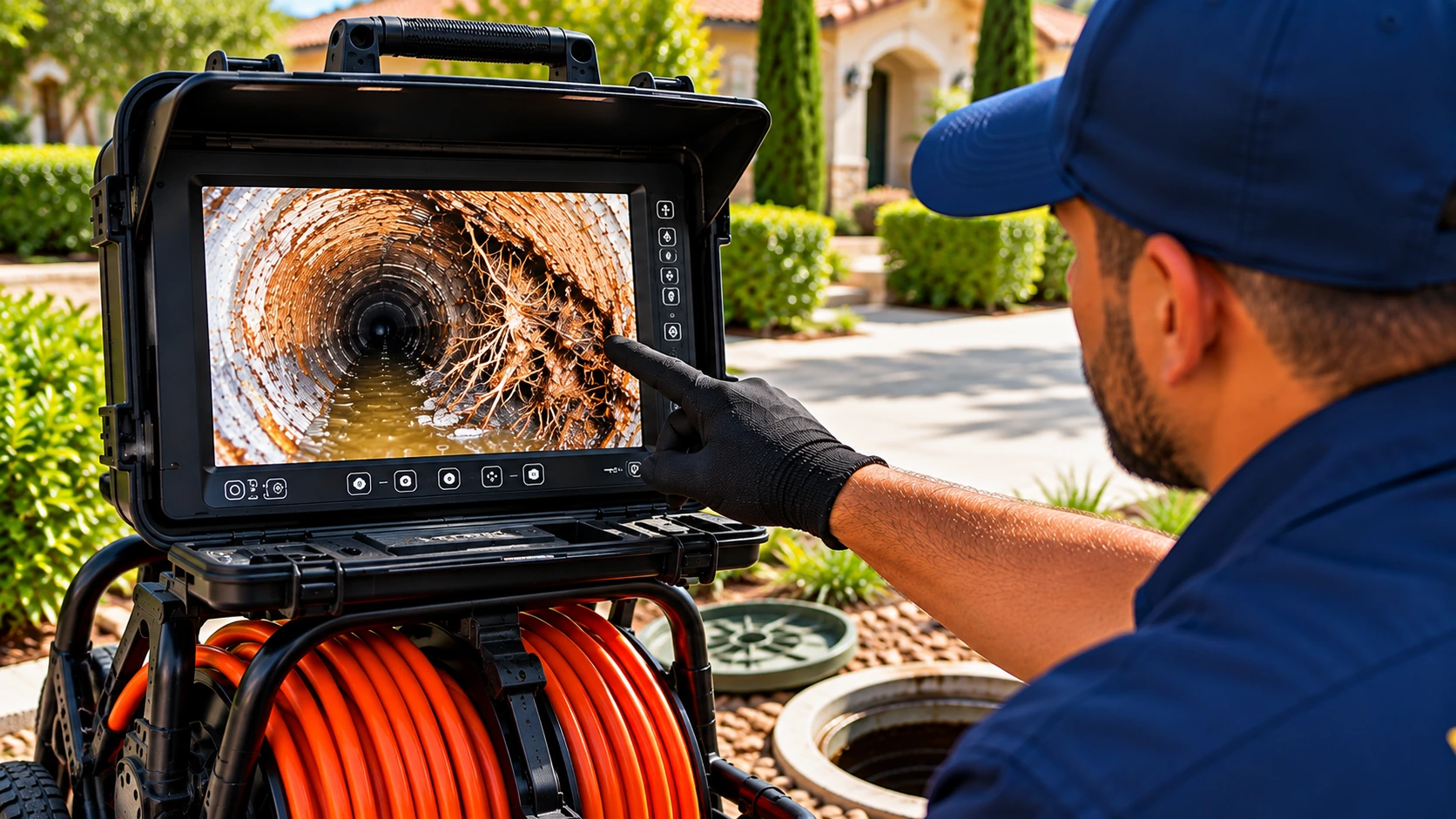 Sewer camera monitor showing conditions inside a residential drain line during an inspection in Turtle Rock, Irvine, CA.