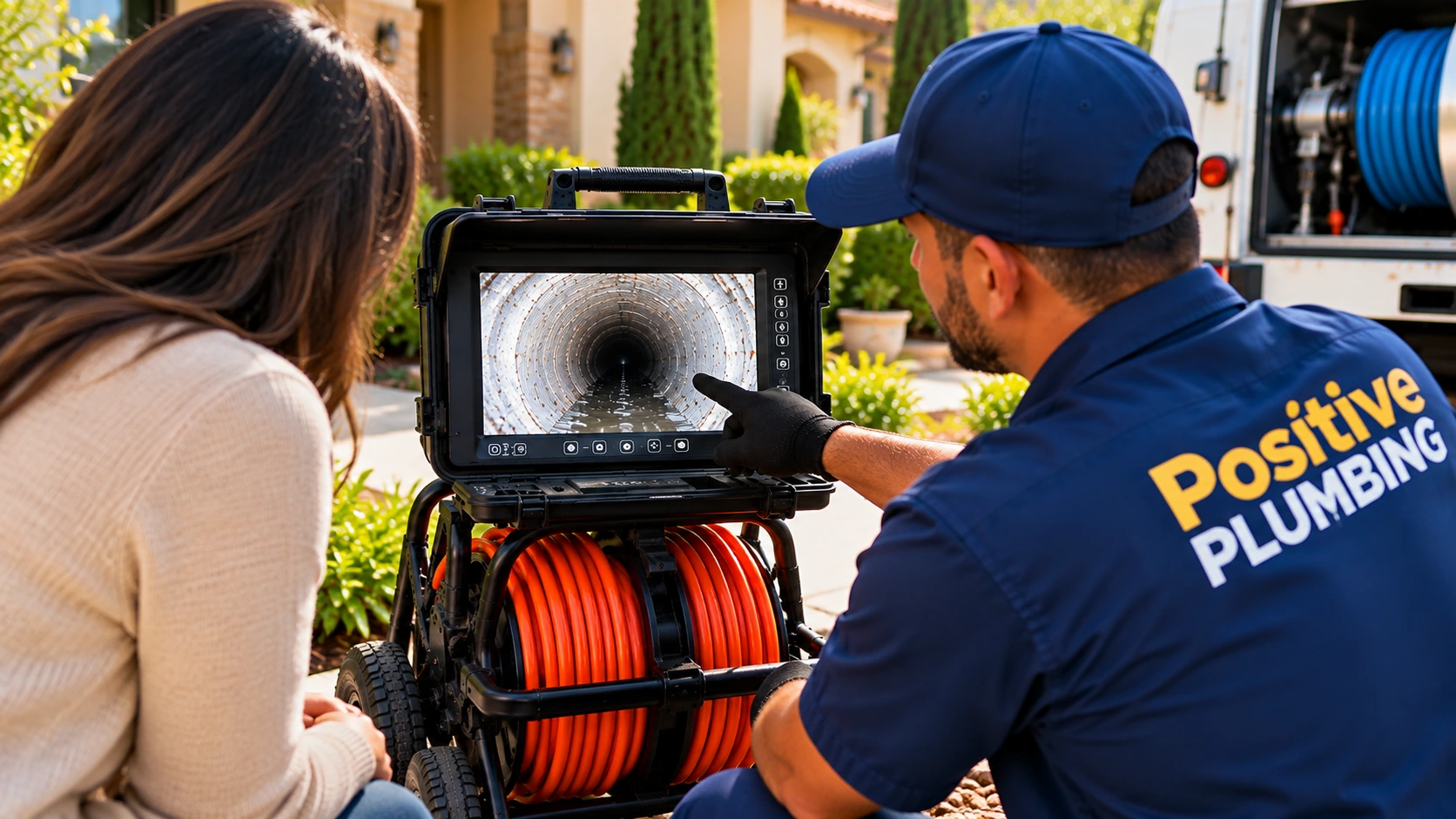 Technician showing a homeowner the sewer camera inspection results after completing drain cleaning in Turtle Rock, Irvine, CA.