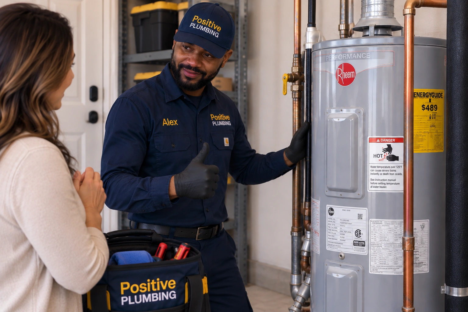 Alex from Positive Plumbing showing the completed water heater repair to an Eastwood Village homeowner in Irvine, CA