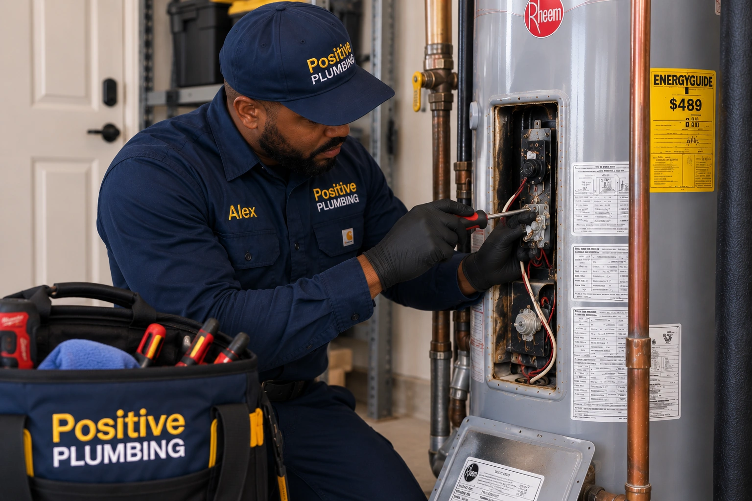 Alex from Positive Plumbing completing a water heater repair at an Eastwood Village home in Irvine, CA