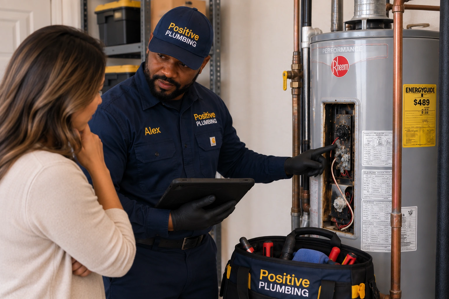 Alex from Positive Plumbing explaining the recommended water heater repair to an Eastwood Village homeowner in Irvine, CA.