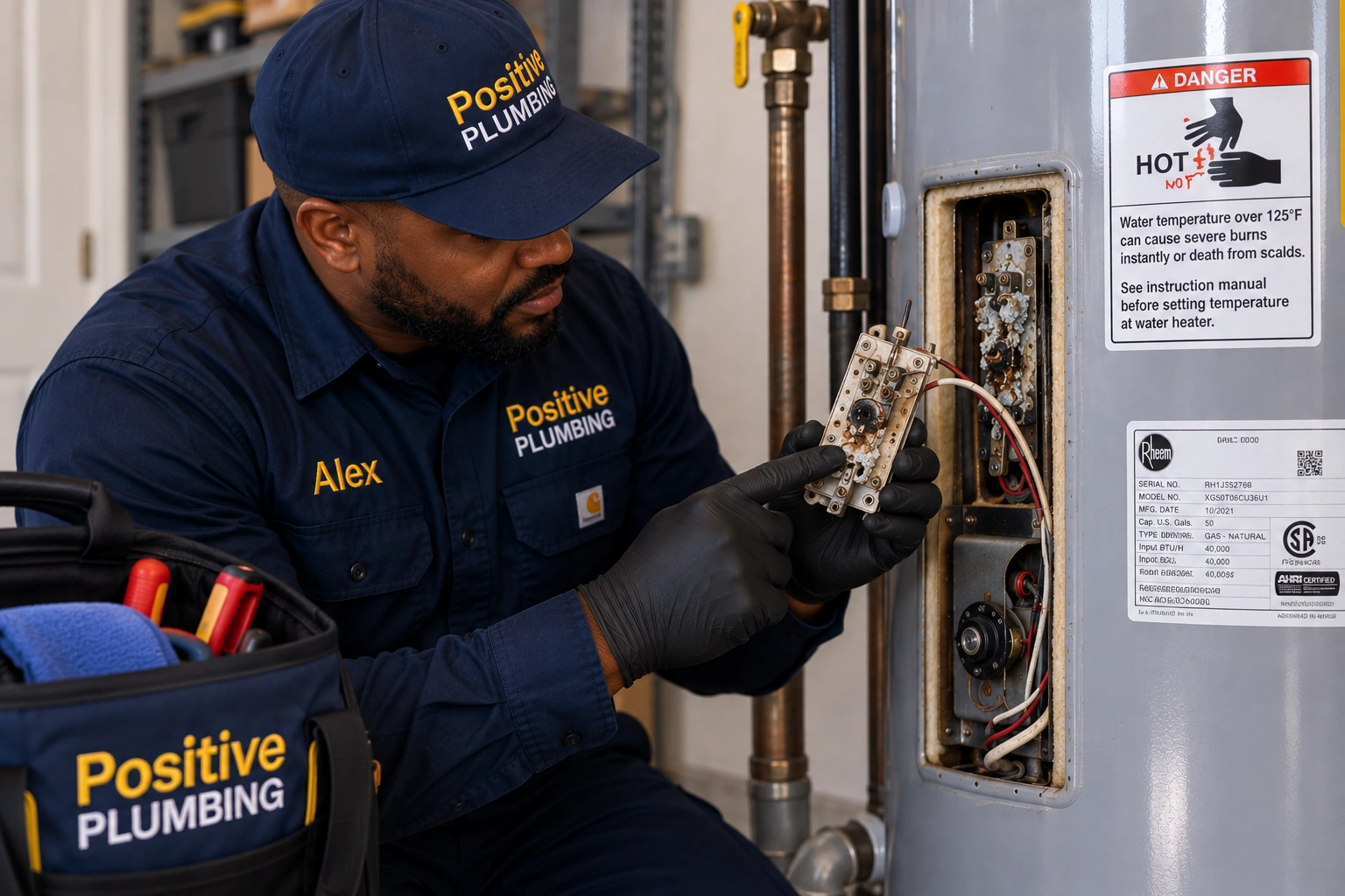 Alex from Positive Plumbing inspecting water heater components during a water heater repair in Eastwood Village, Irvine, CA.