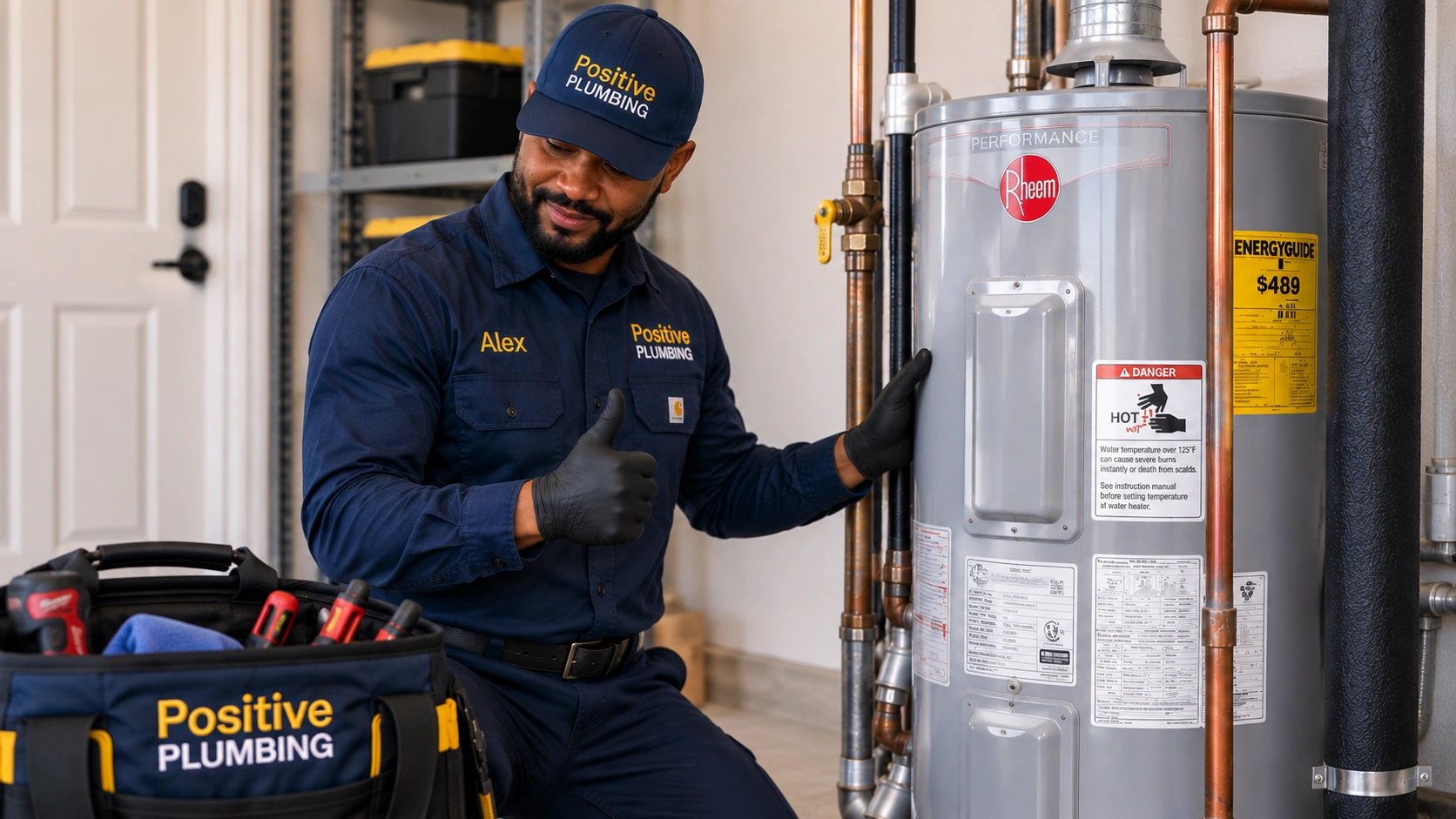 Alex from Positive Plumbing beside a repaired water heater at an Eastwood Village home in Irvine, CA.