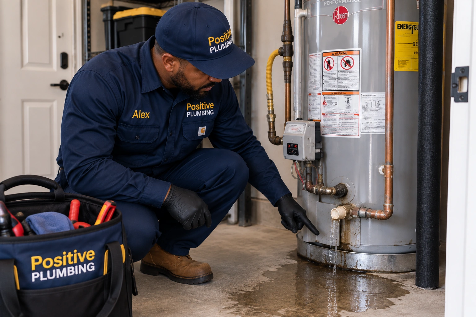 Alex from Positive Plumbing inspecting a water heater problem at an Eastwood Village home in Irvine, CA. 