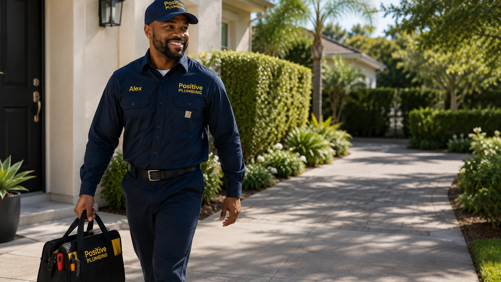 Positive Plumbing technician Alex leaving a University Park, Irvine home with his tool bag after completing a water leak repair.