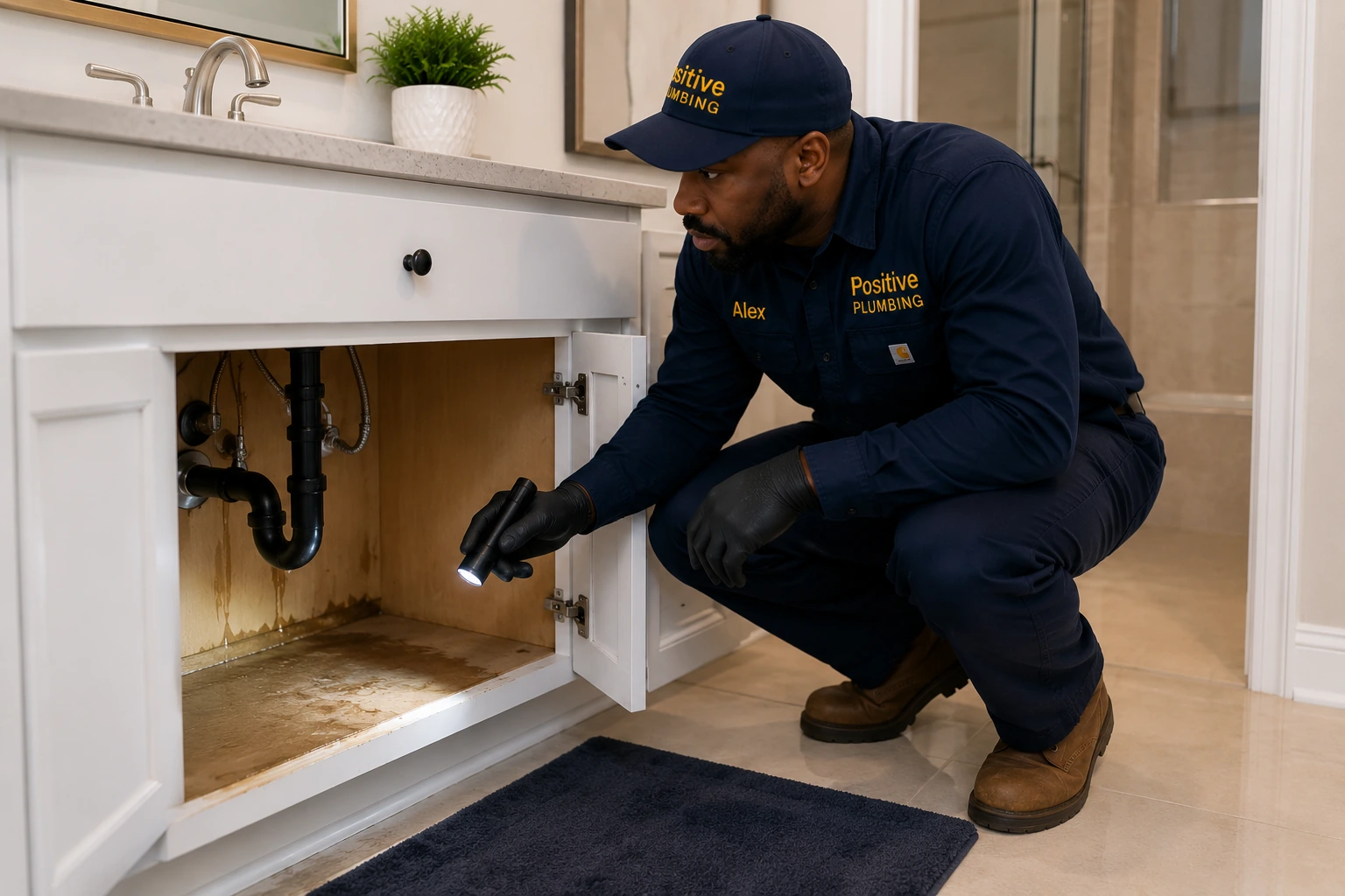 Positive Plumbing technician Alex inspecting signs of a water leak beneath a bathroom sink in University Park, Irvine, CA.