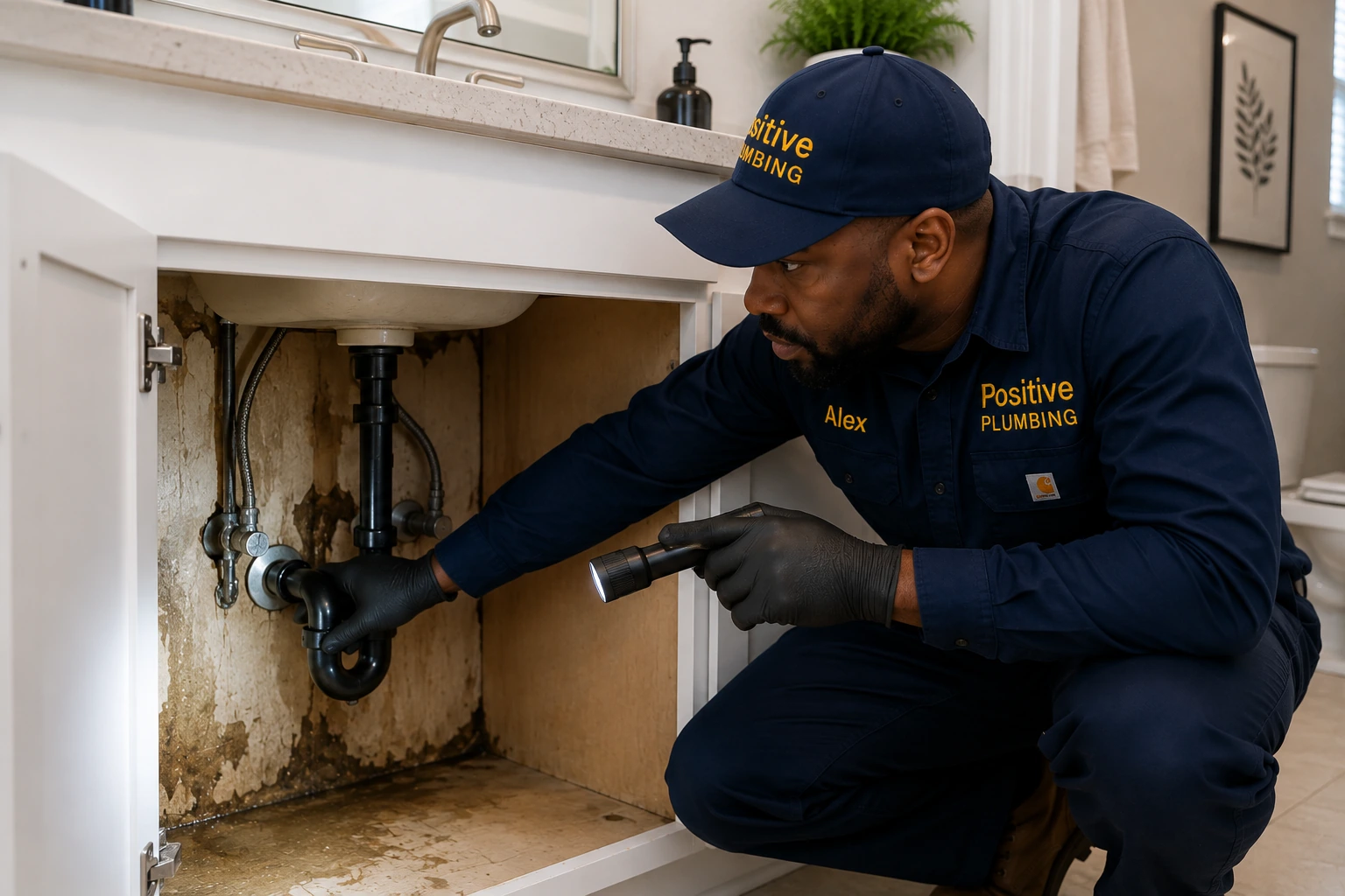 Positive Plumbing technician Alex tracing the source of a water leak beneath a bathroom sink in University Park, Irvine, CA.
