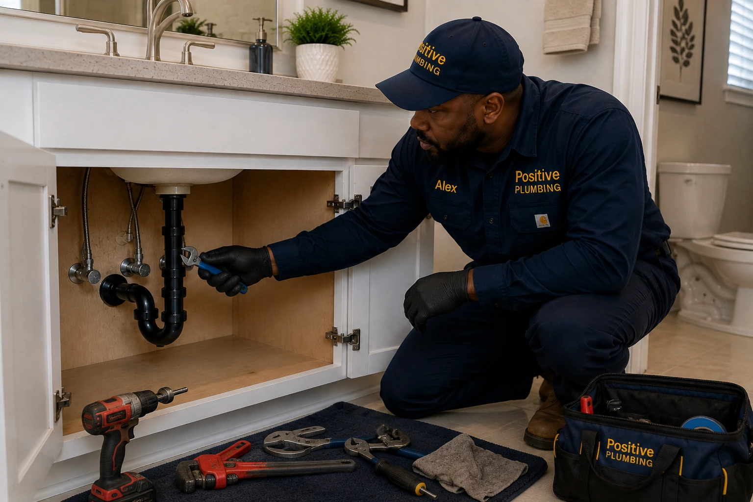 Positive Plumbing technician Alex completing a water leak repair beneath a bathroom sink in University Park, Irvine, CA.