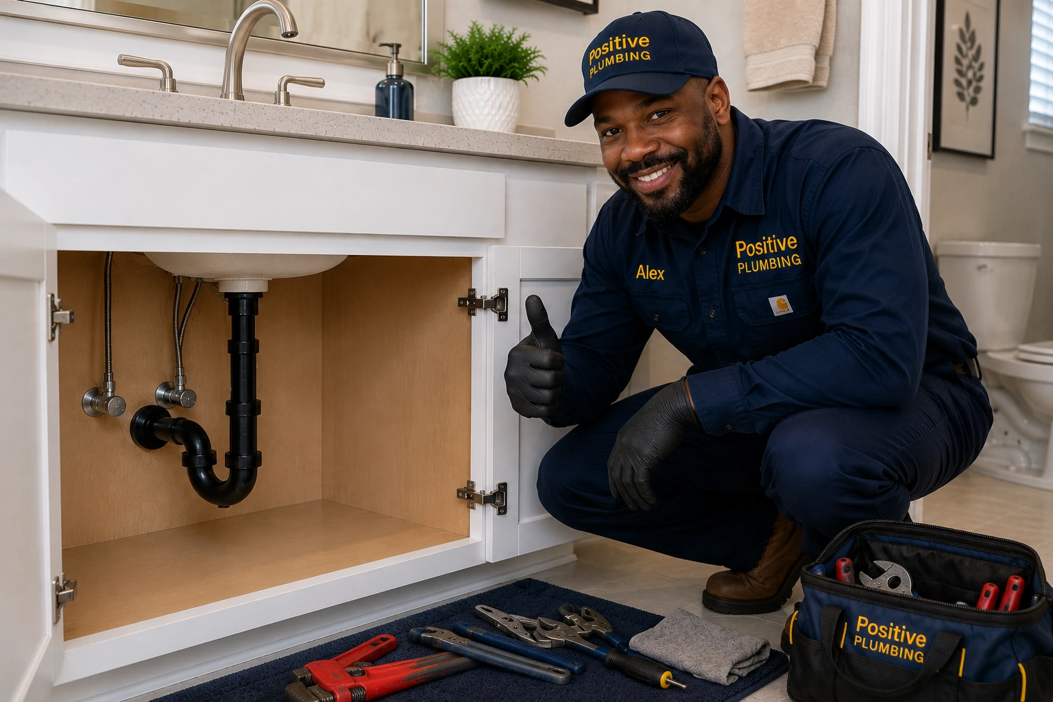 Positive Plumbing technician Alex inspecting the completed water leak repair beneath a bathroom sink in University Park, Irvine, CA.