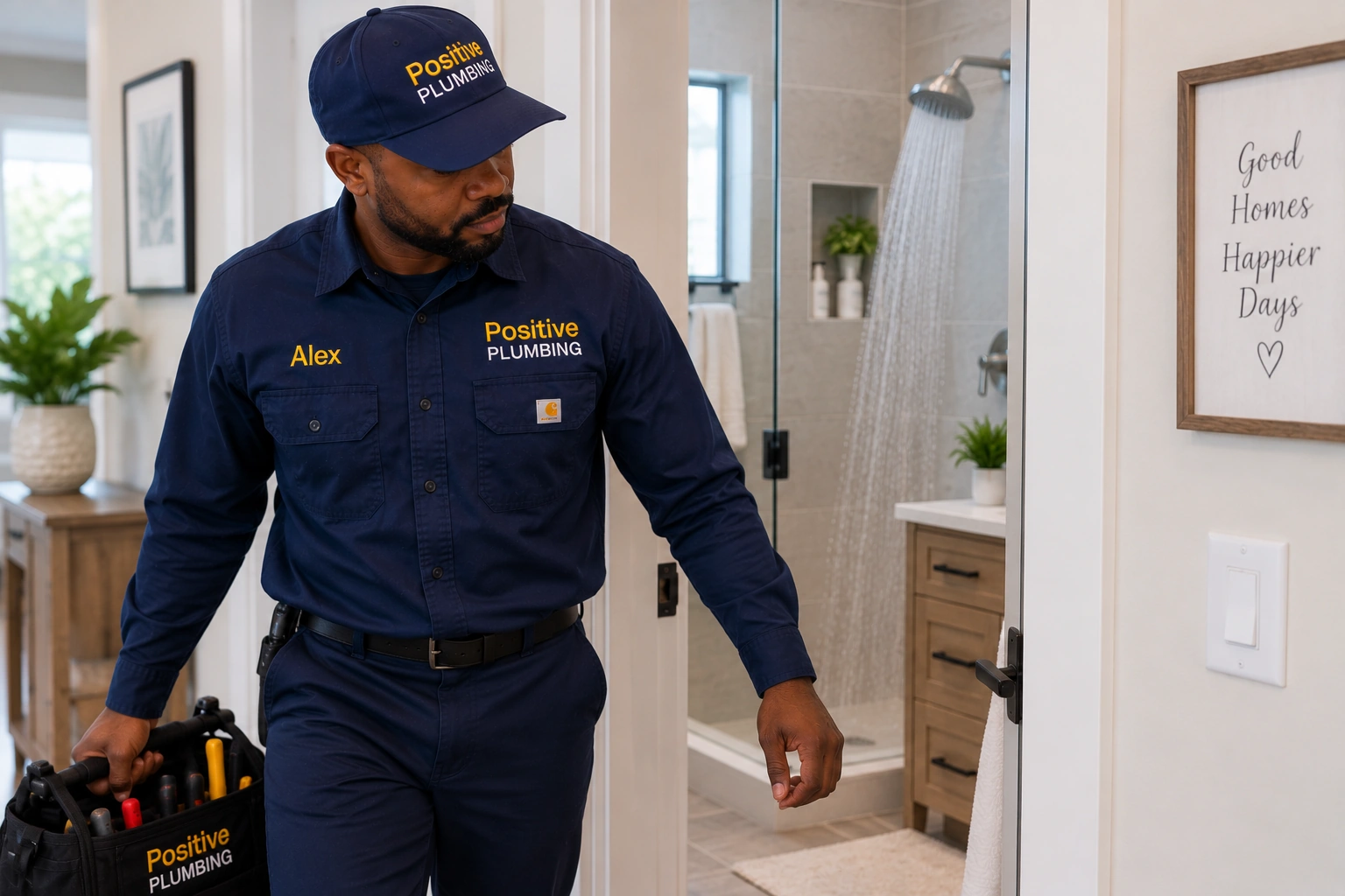 Alex from Positive Plumbing leaving the bathroom with his tools after completing a water pressure and plumbing repair at a Stonegate home in Irvine, CA