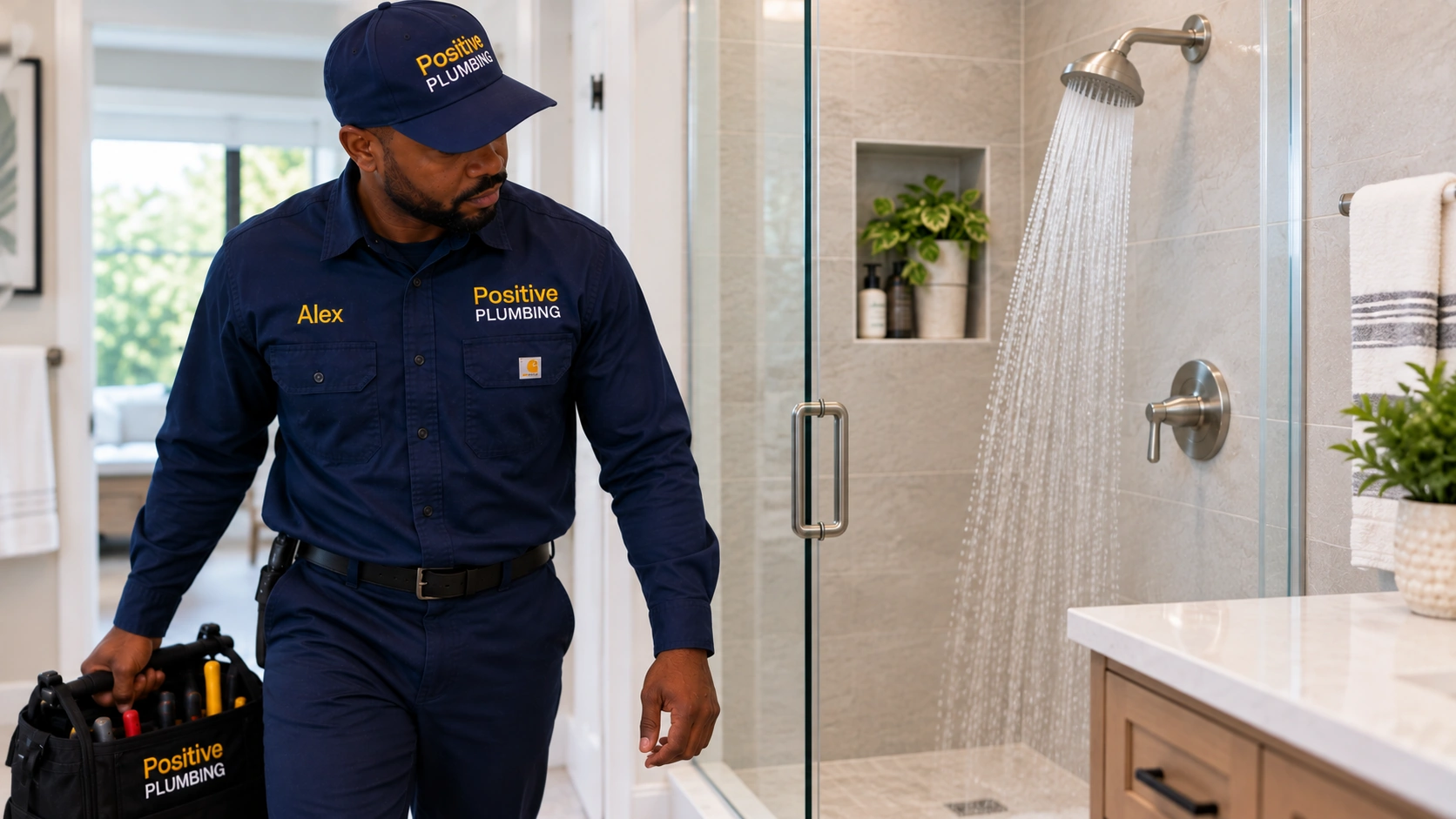 Alex from Positive Plumbing beside a shower with restored water pressure after plumbing repair at a Stonegate home in Irvine, CA.