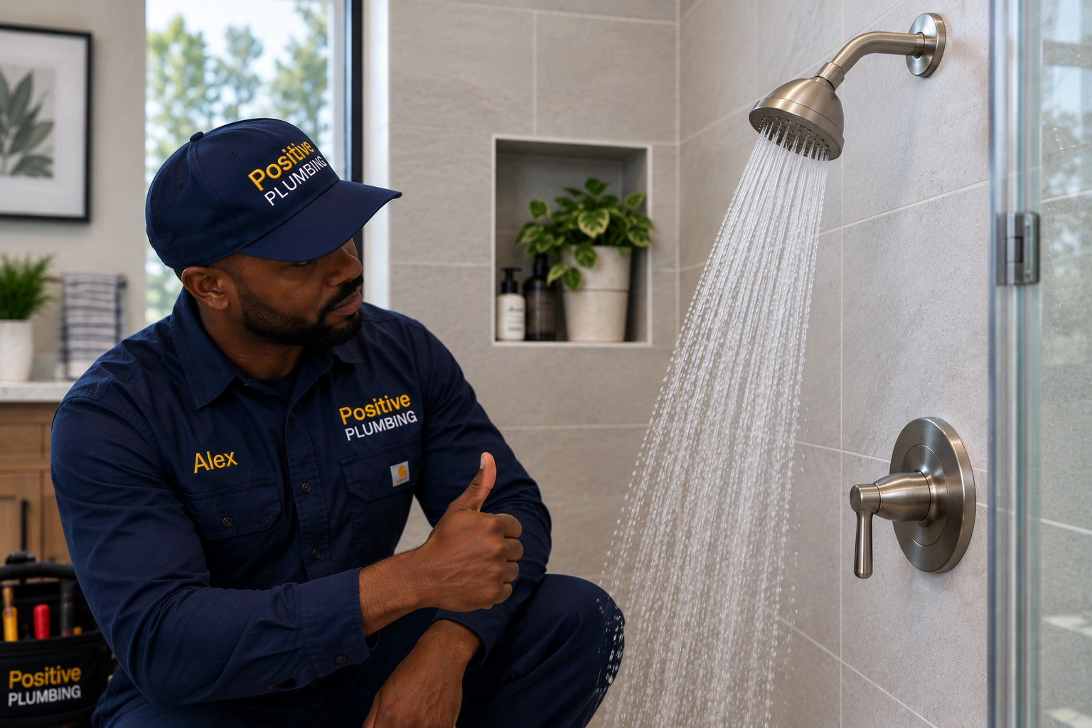 Alex from Positive Plumbing testing restored shower water pressure after completing a plumbing repair at a Stonegate home in Irvine, CA.