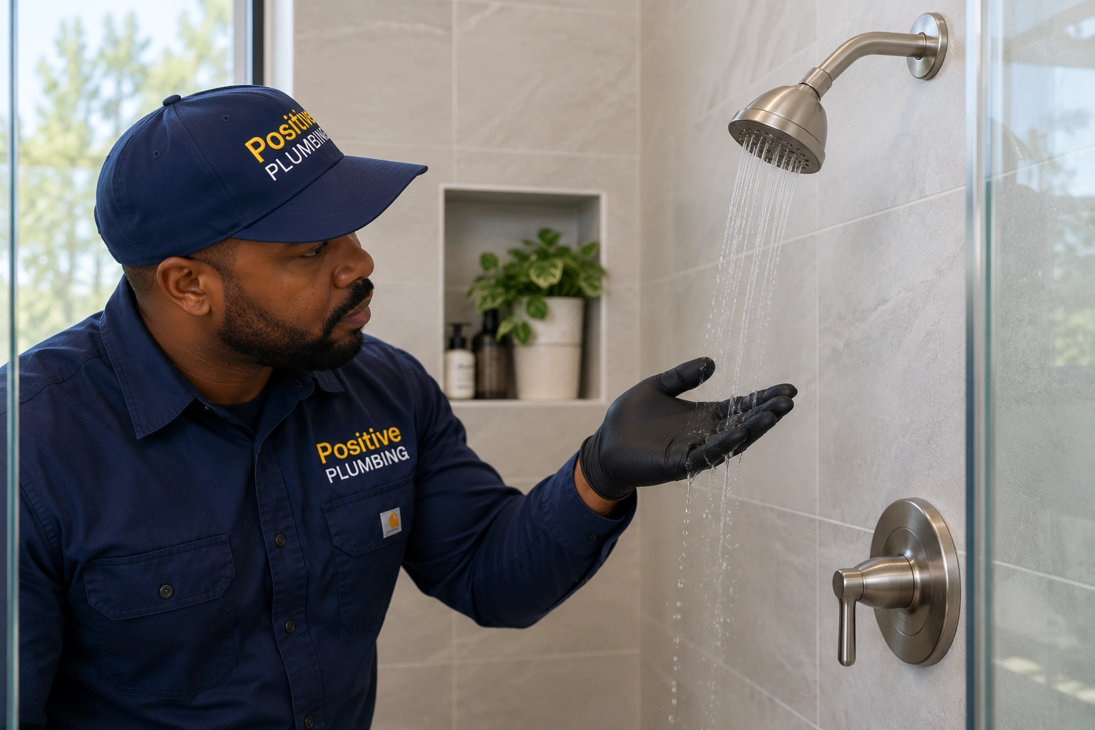 Alex from Positive Plumbing inspecting low water pressure from a shower at a Stonegate home in Irvine, CA.