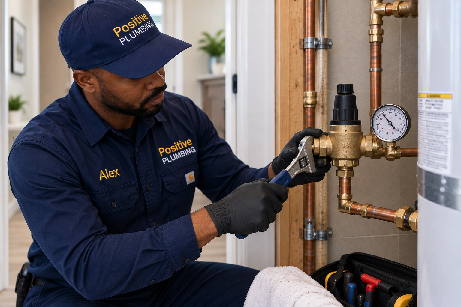 Alex from Positive Plumbing completing the recommended water pressure plumbing repair at a Stonegate home in Irvine, CA.