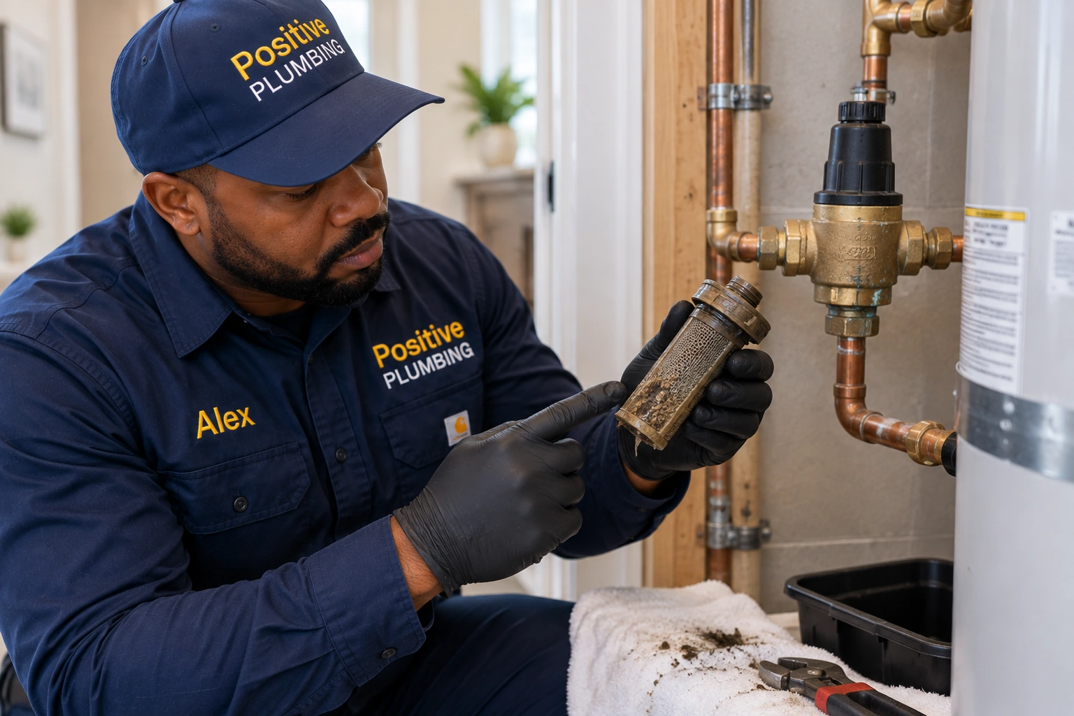 Alex from Positive Plumbing inspecting plumbing components while diagnosing a water pressure problem at a Stonegate home in Irvine, CA