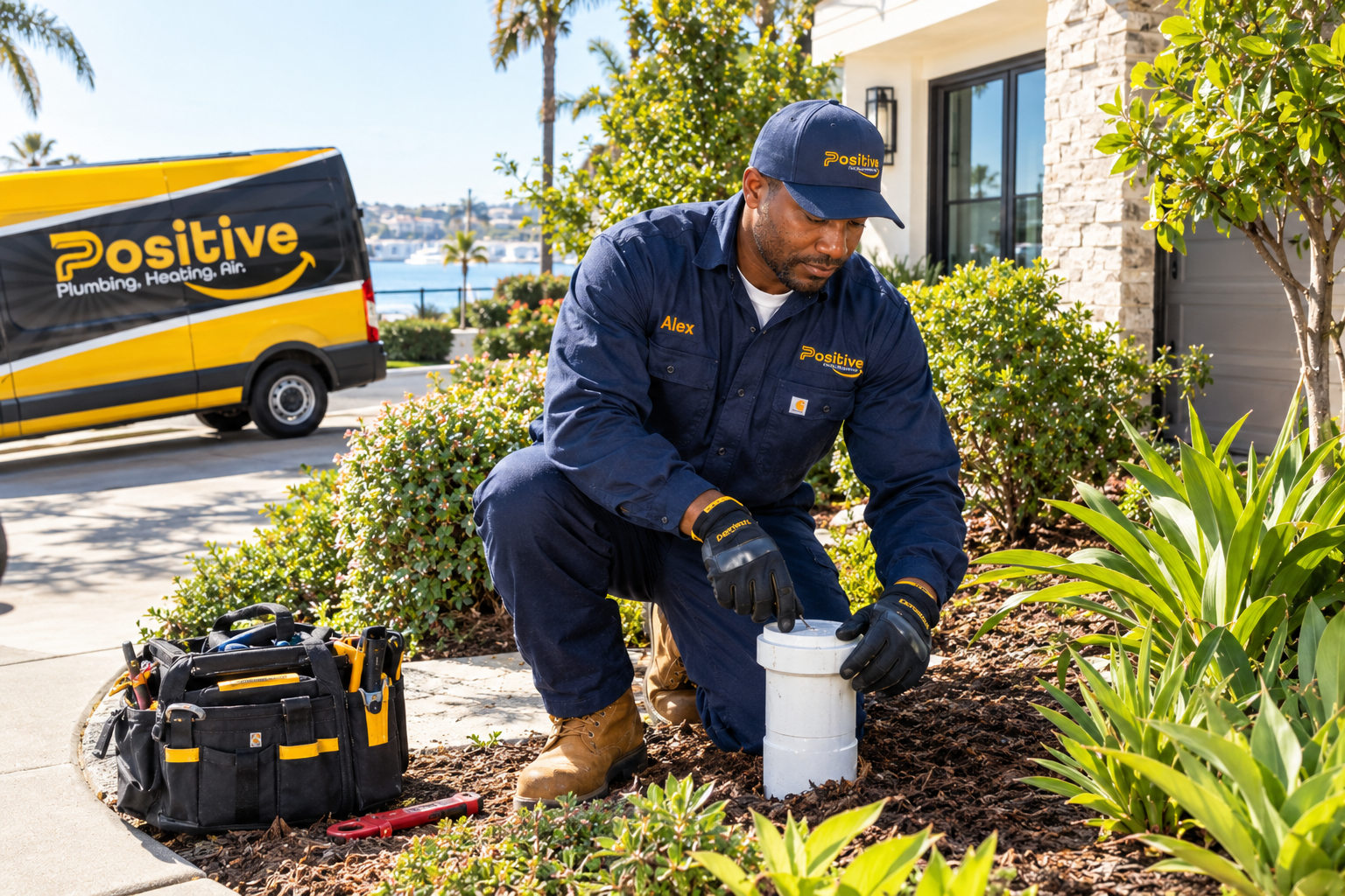 Technician servicing an outdoor PVC sewer cleanout pipe in a garden bed during a sewer cleanout service in San Joaquin Hills, Newport Beach, CA.