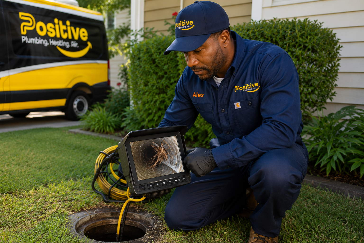 Plumbing technician inspecting an outdoor sewer line with a portable camera monitor showing a tree root obstruction inside the pipe at a residential property.